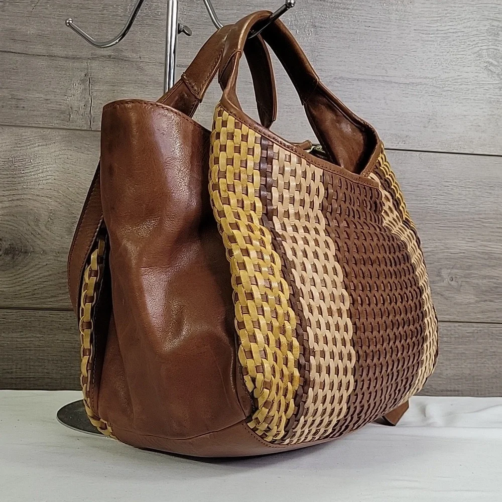 Made in India Brown and Yellow Woven Leather Tote Crossbody Bag